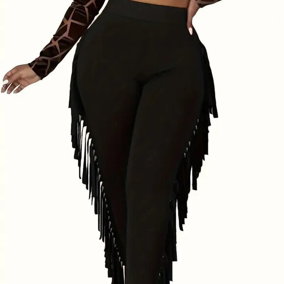 HIGH QUALITY Pants - Black High-Waisted Slim-Fit Tassel Pants (Size: XXL)